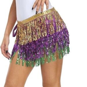 Sequin Mardi Gras Krewe Fringe Skirt in Purple & Gold & Green OS NWOT